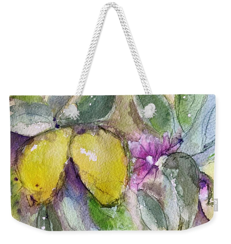 Lemons Weekender Tote Bag featuring the painting Loose Lemons by Roxy Rich
