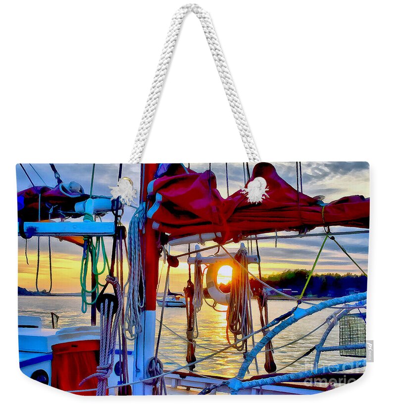 Sunset Weekender Tote Bag featuring the photograph Lopez Sunset Through the Lifebuoy by Sea Change Vibes