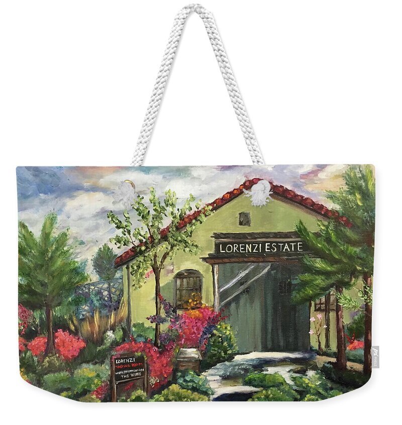 Lorenzi Weekender Tote Bag featuring the painting Lorenzi Estate Winery by Roxy Rich