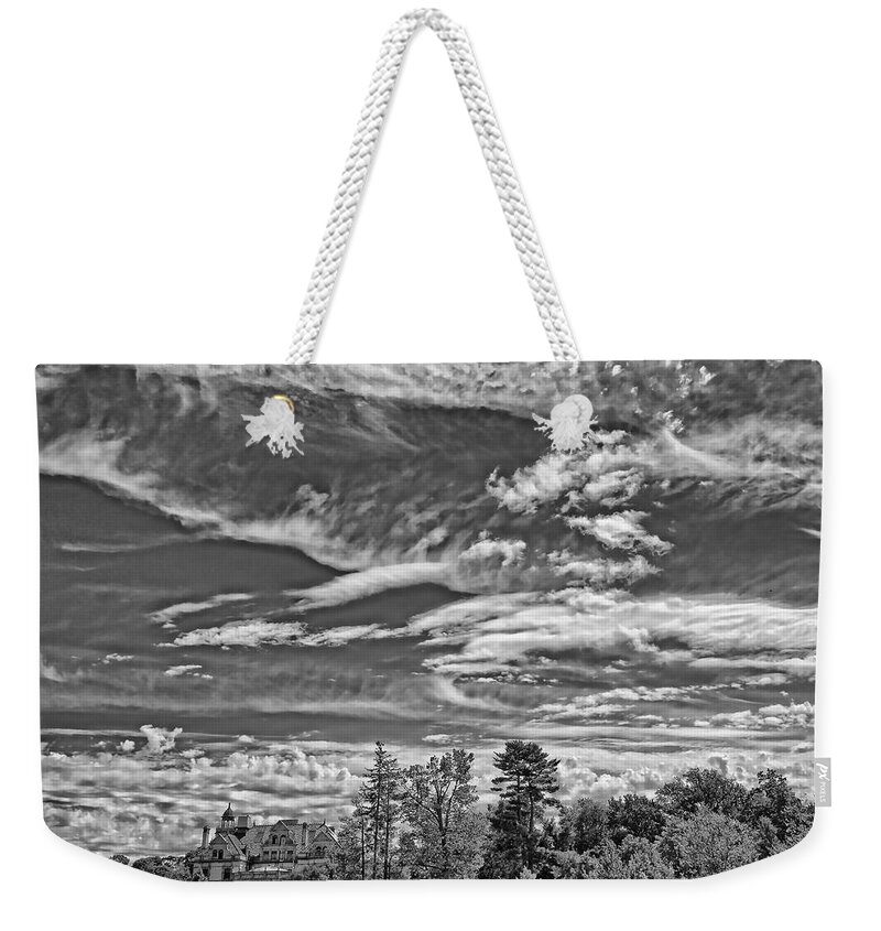 B&w Weekender Tote Bag featuring the photograph Lots of Clouds Over The Masters School by Russ Considine