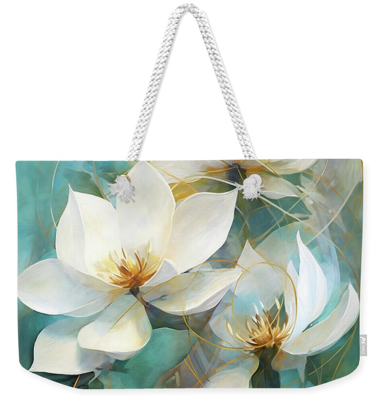 Lotusflower Weekender Tote Bag featuring the mixed media Lotus Flowers Abstract by Jacky Gerritsen