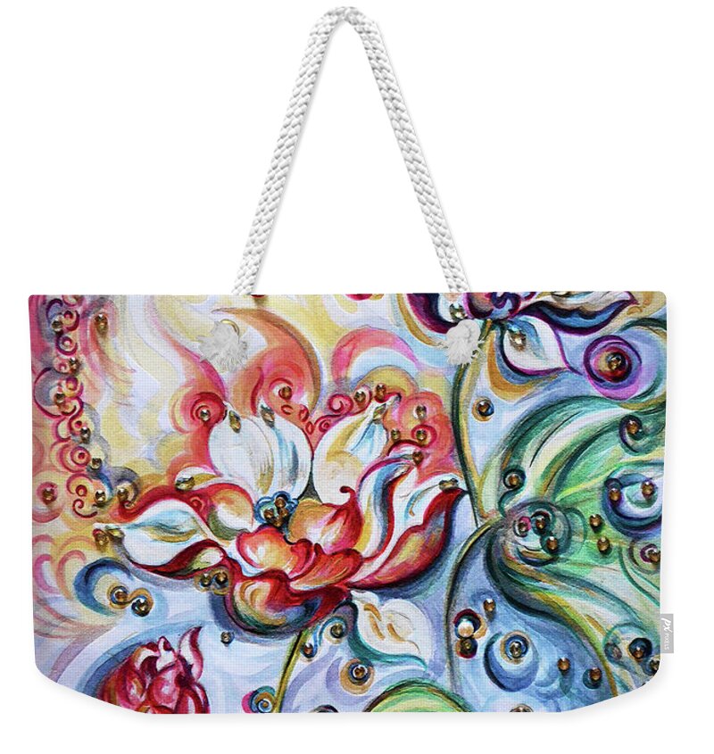 Lotus Weekender Tote Bag featuring the mixed media Lotus - healing by Harsh Malik
