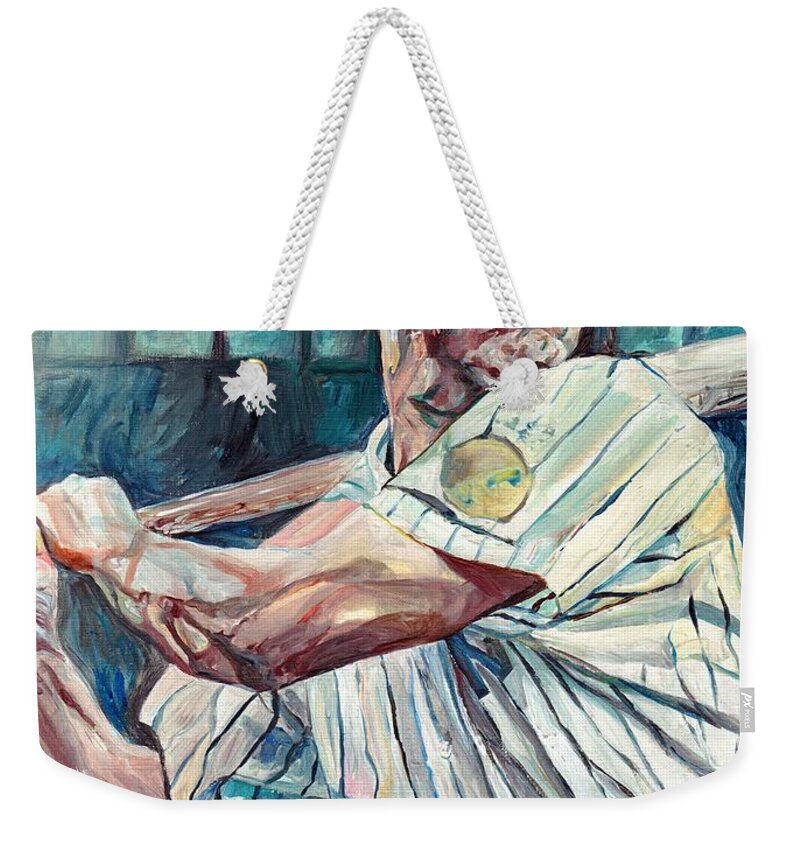 Lou Gehrig Weekender Tote Bag featuring the painting Lou Gehrig by Suzann Sines