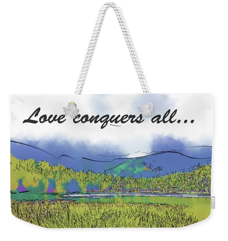 Hidden Lake Weekender Tote Bag featuring the digital art Love Conquers All Mountain Meadow Lake by Kirt Tisdale