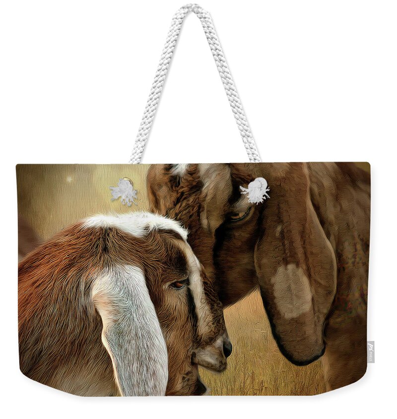 Goats Weekender Tote Bag featuring the digital art Love is in the air by Maggy Pease