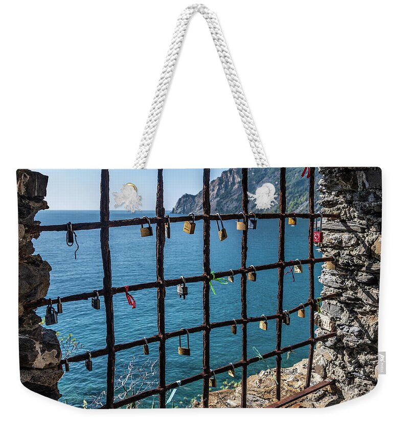 Cinque Terre Weekender Tote Bag featuring the photograph Love Locks by David Downs