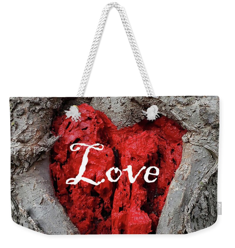 Love Weekender Tote Bag featuring the photograph LOVE Red Heart In a Tree by Lynnie Lang