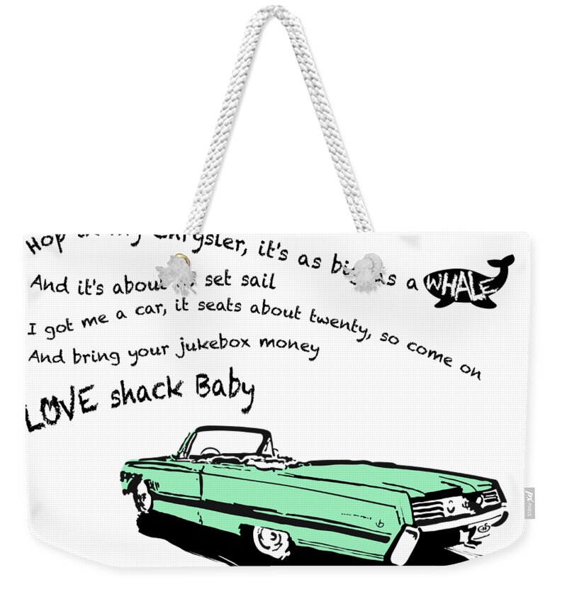 Petrolhead Weekender Tote Bag featuring the digital art Love Shack Whale Classic Chrysler car, catchy song, funky design - Chrysler Green Edition by Moospeed Art