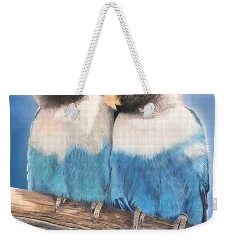 Birds Weekender Tote Bag featuring the pastel Lovebirds by Marlene Little