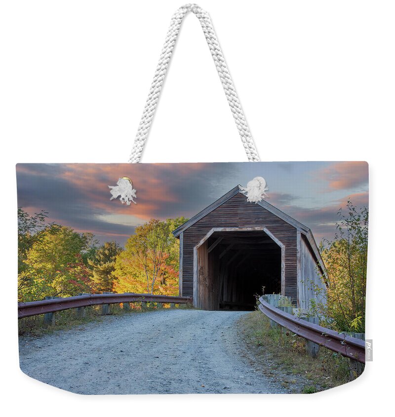 Guildford Maine Weekender Tote Bag featuring the photograph Low's Covered Bridge in Guilford Maine by Jeff Folger