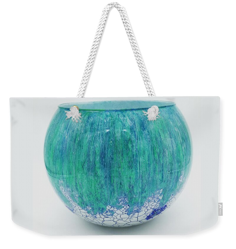 Green Weekender Tote Bag featuring the glass art Lt.green/blue and white bowl by Christopher Schranck
