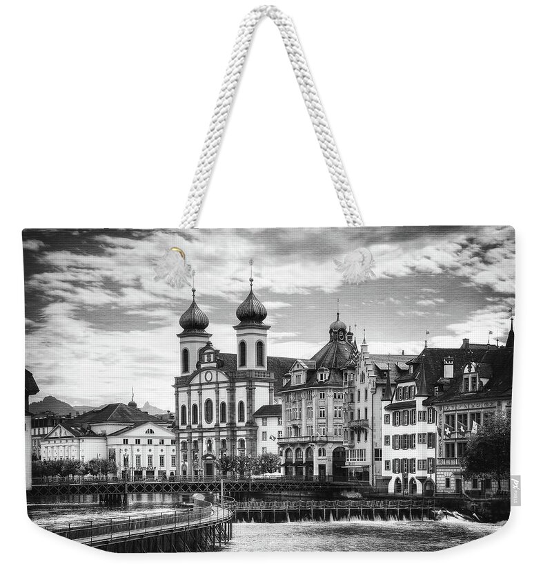 Lucerne Weekender Tote Bag featuring the photograph Lucerne Switzerland Black and White by Carol Japp