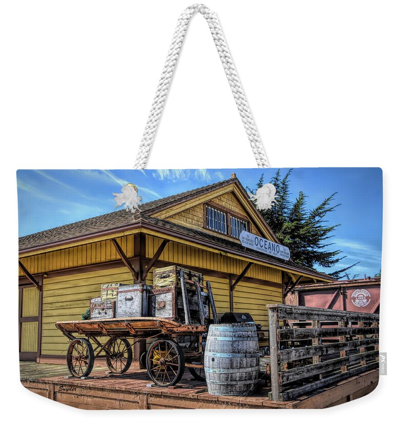 Train Depot Weekender Tote Bag featuring the photograph Luggage Cart Oceano Depot by Floyd Snyder