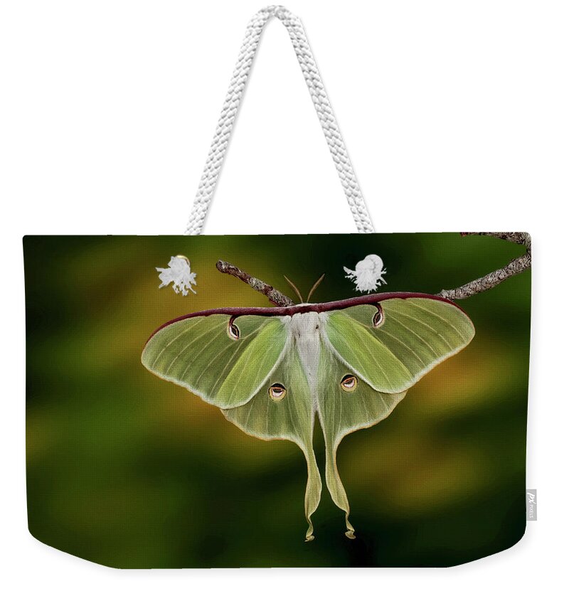Moth Weekender Tote Bag featuring the digital art Luna Moth by Jerry Dalrymple