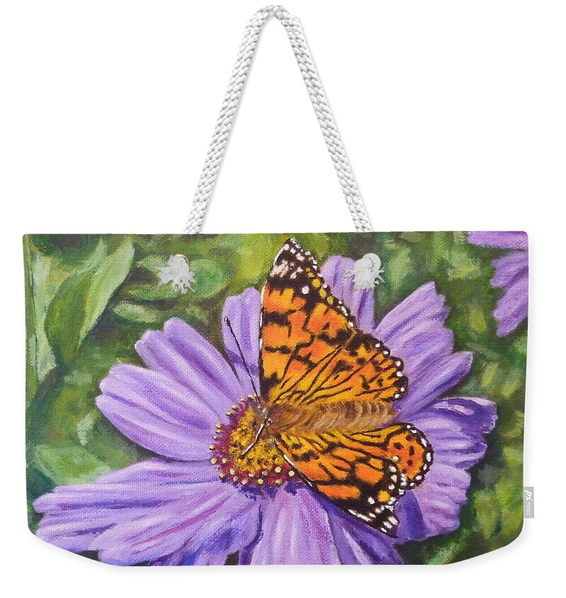 Painted Lady Butterfly Weekender Tote Bag featuring the painting Lydia's Painted Lady by Amelie Simmons