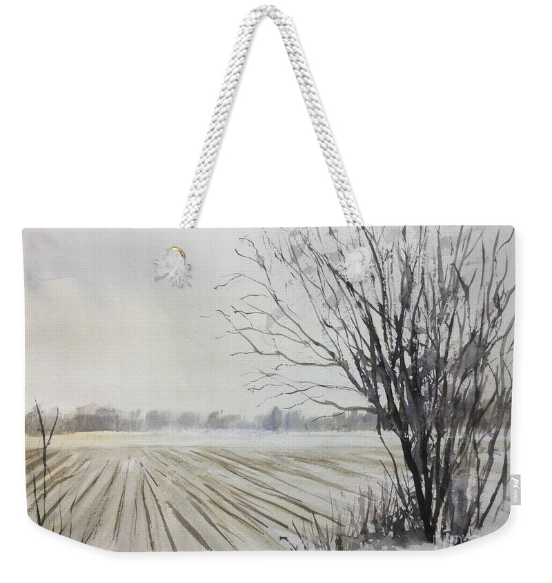 Lynden Farm Weekender Tote Bag featuring the painting Lynden farm in winter by Watercolor Meditations