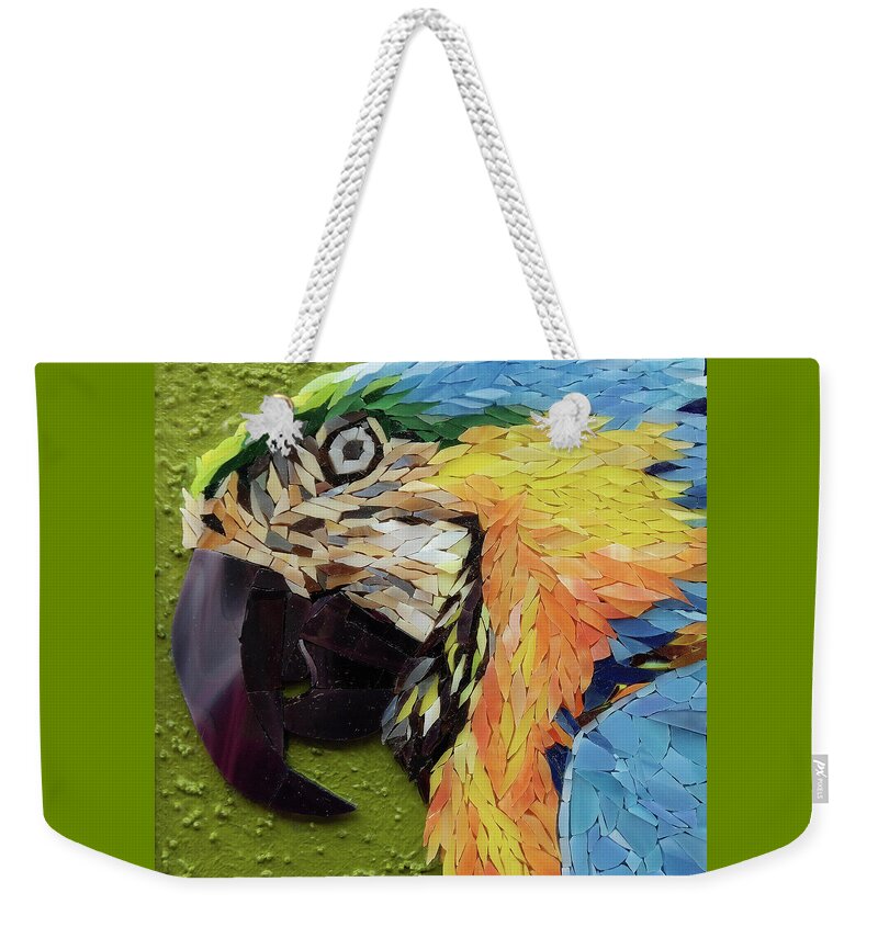 Macaw Weekender Tote Bag featuring the glass art Mackey the Blue and Yellow Macaw by Adriana Zoon