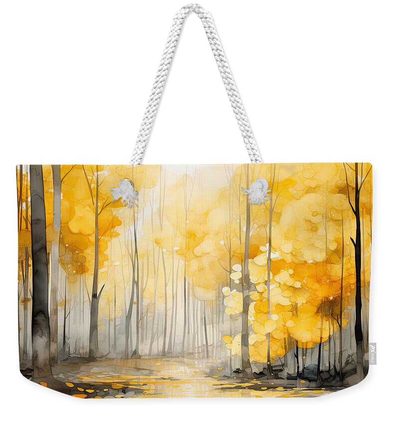 Yellow Weekender Tote Bag featuring the painting Magical Autumn - Autumn Magic - Watercolor Painting of the Woods in Fall Colors by Lourry Legarde