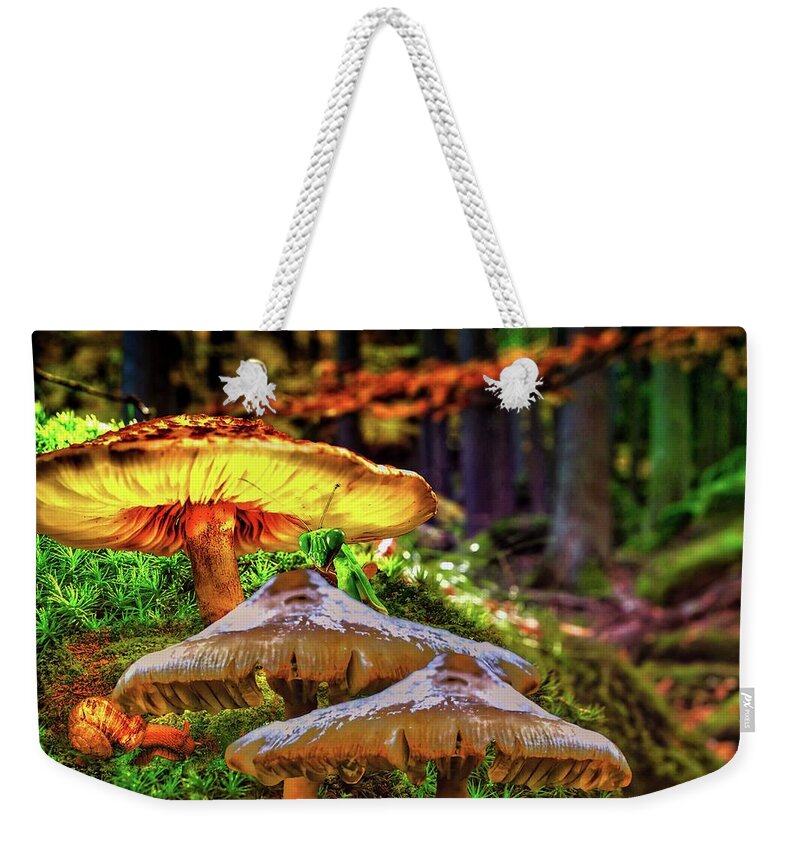 Mushroom Weekender Tote Bag featuring the digital art Magical Mantis by Norman Brule