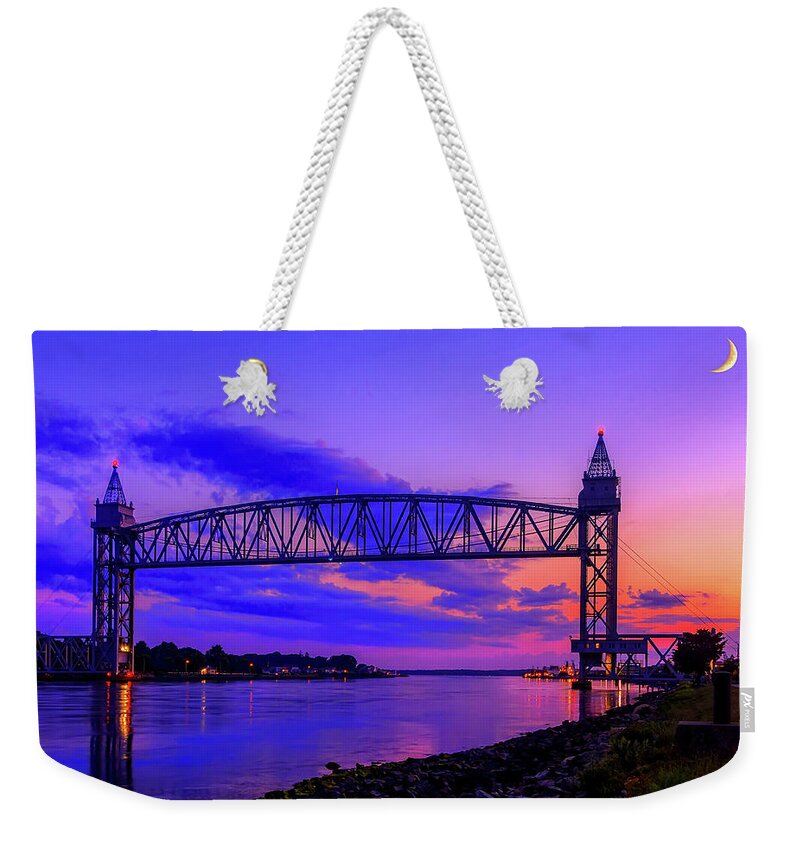Cape Cod Weekender Tote Bag featuring the photograph Magical Sunset at the Cape Cod Railroad Bridge by Mitchell R Grosky