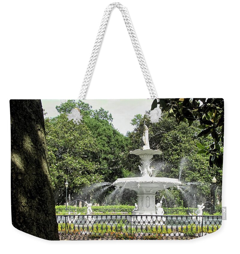 Savannah Weekender Tote Bag featuring the photograph Magnolia and Forsyth Park Fountain by Theresa Fairchild