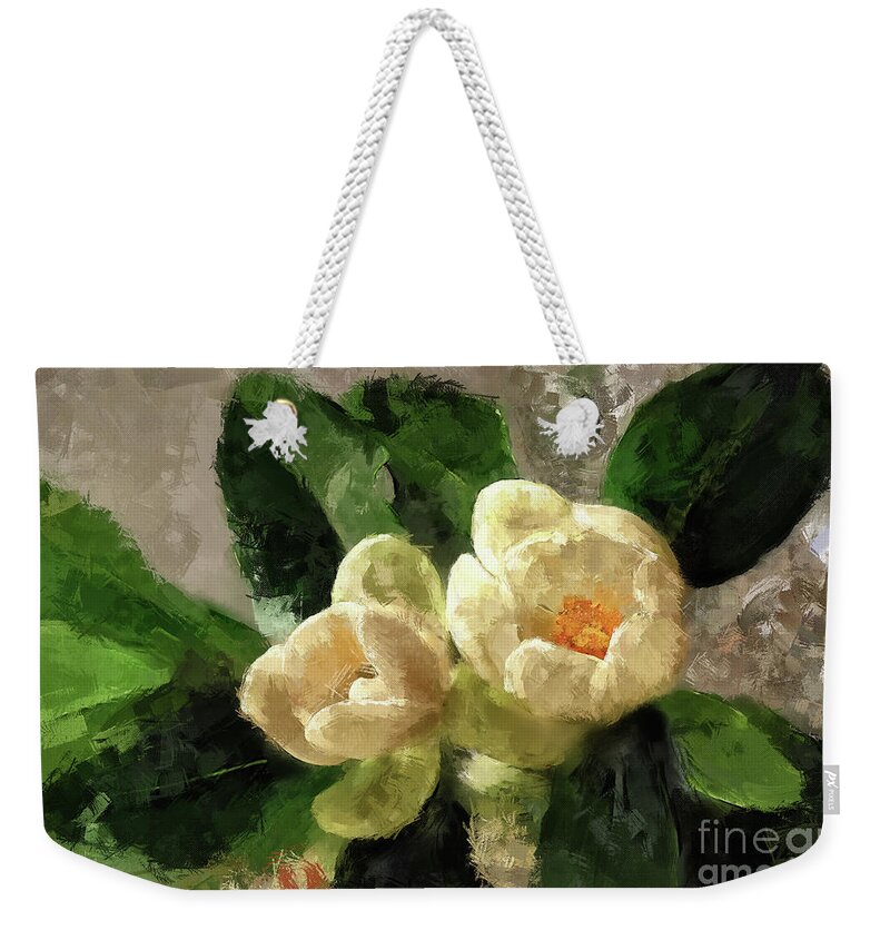 Flower Weekender Tote Bag featuring the digital art Magnolias and Crystal by Lois Bryan