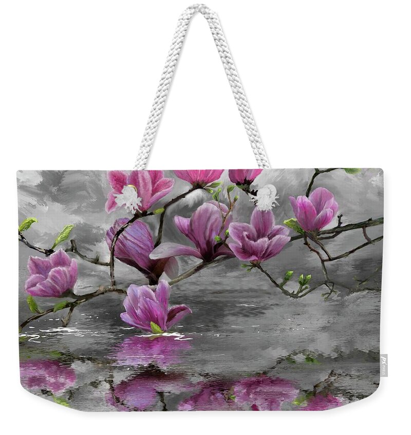 Landscape Weekender Tote Bag featuring the digital art Magnolias in the Mist by Marilyn Cullingford