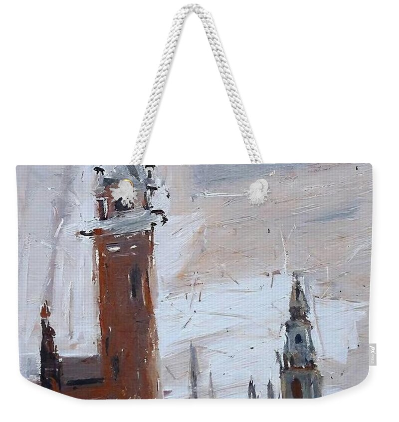Town Weekender Tote Bag featuring the painting Main town hall Painting town street Poland hall gold medium clock Shlapak vintage architecture art artistic artwork attraction back ben big big ben britain british capital city cityscape clock by N Akkash