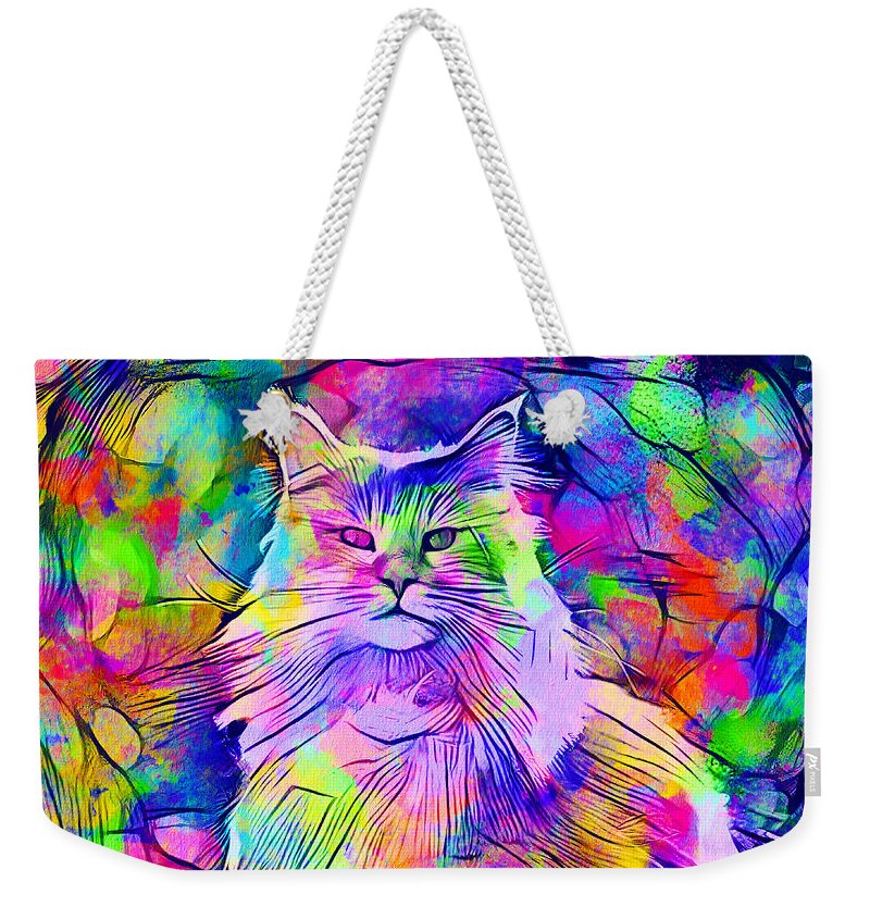 Maine Coon Weekender Tote Bag featuring the digital art Maine Coon cat looking at camera - colorful lines digital painting by Nicko Prints