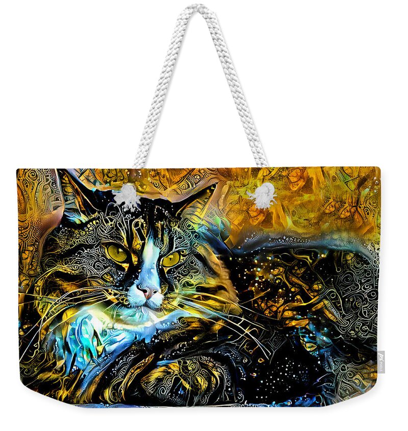 Maine Coon Weekender Tote Bag featuring the digital art Maine Coon cat lying down - golden night design by Nicko Prints