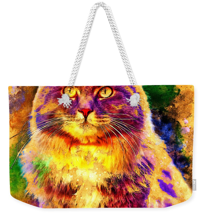 Maine Coon Weekender Tote Bag featuring the digital art Maine Coon cat sitting - digital painting with vintage look by Nicko Prints