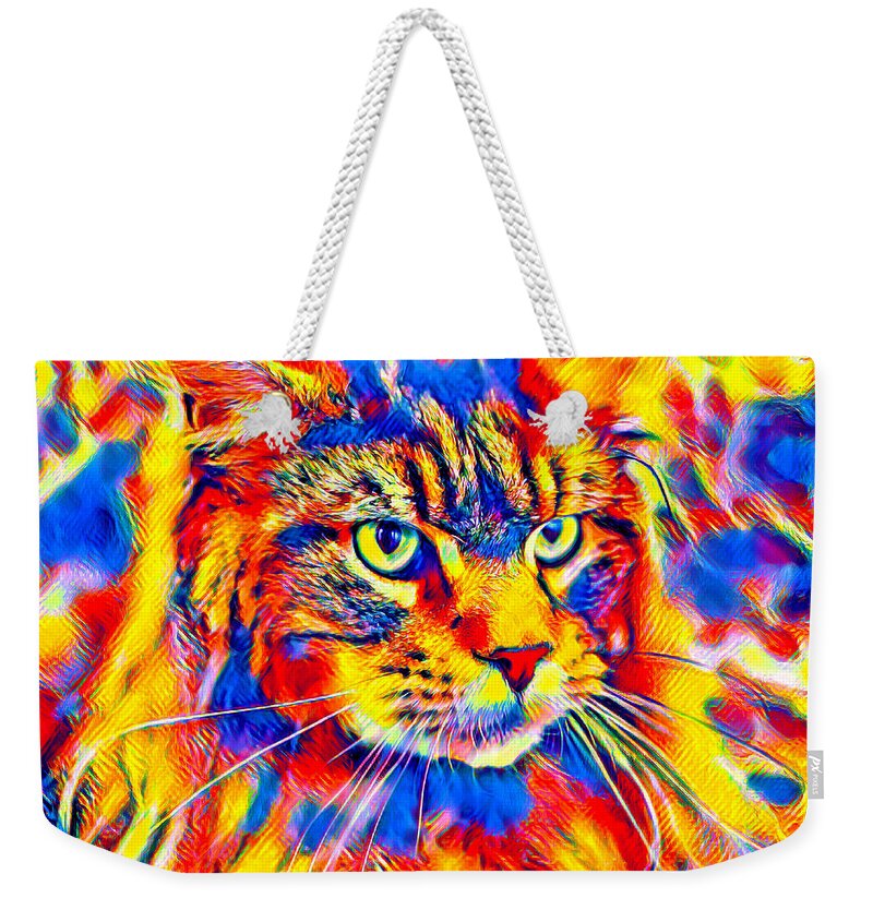 Maine Coon Weekender Tote Bag featuring the digital art Maine Coon cat watching something - colorful blue, red and yellow portrait by Nicko Prints