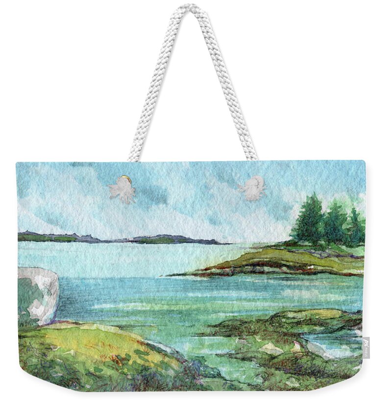 Maine Weekender Tote Bag featuring the painting Maine Island View by AnneMarie Welsh