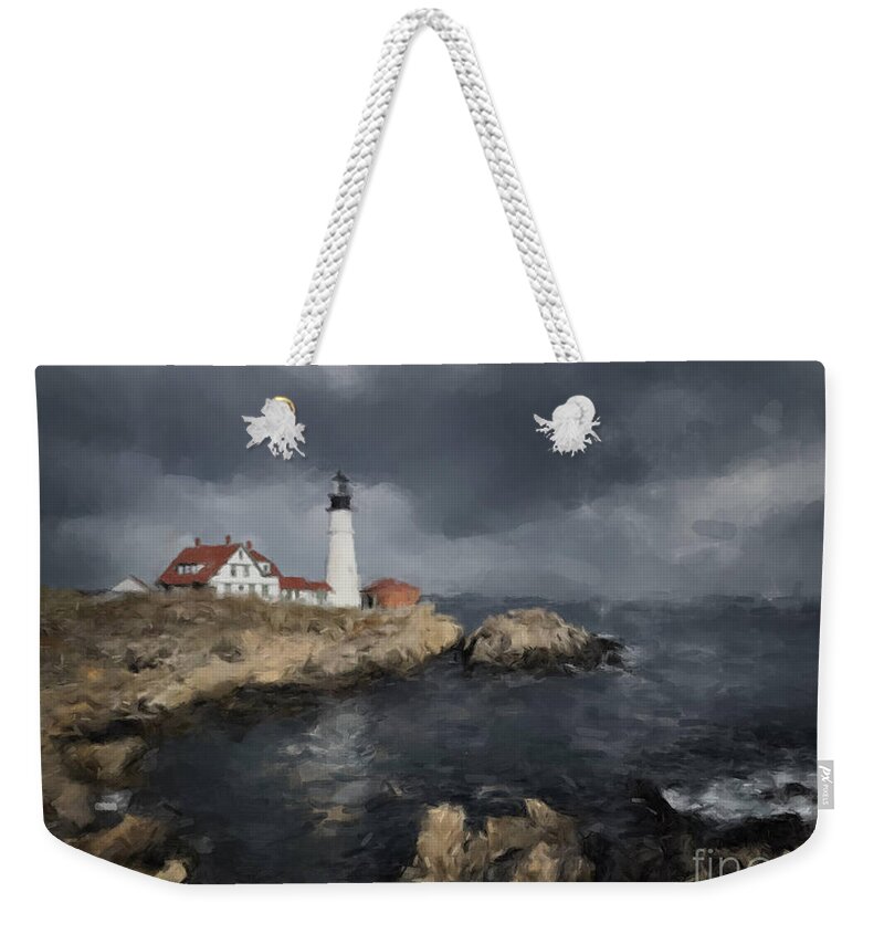  Weekender Tote Bag featuring the painting Maine Lighthouse Passing Storm by Gary Arnold
