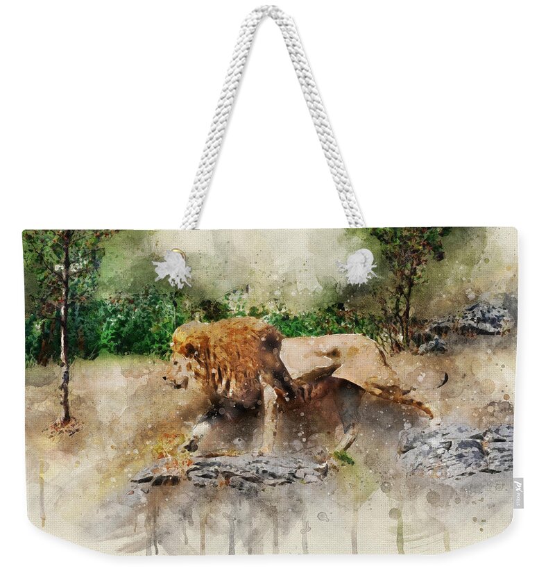 Lion Weekender Tote Bag featuring the digital art Male lion by Geir Rosset