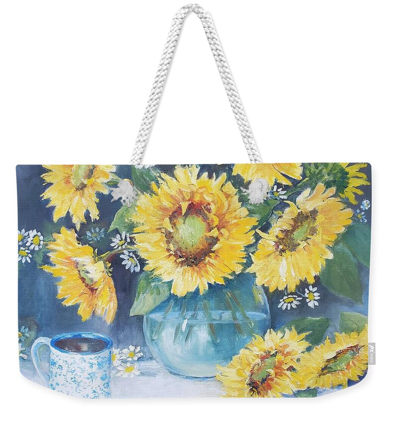 Sunflowers Autumn Coffee Harvest Weekender Tote Bag featuring the painting Mama's Cup with Sunflowers by ML McCormick