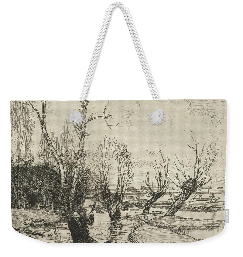 Man In A Boat With Three Sheep Date Unknown Auguste Louis French 1849 To 1918 Weekender Tote Bag featuring the painting Man in a Boat with Three Sheep Date unknown Auguste Louis French 1849 to 1918 by MotionAge Designs