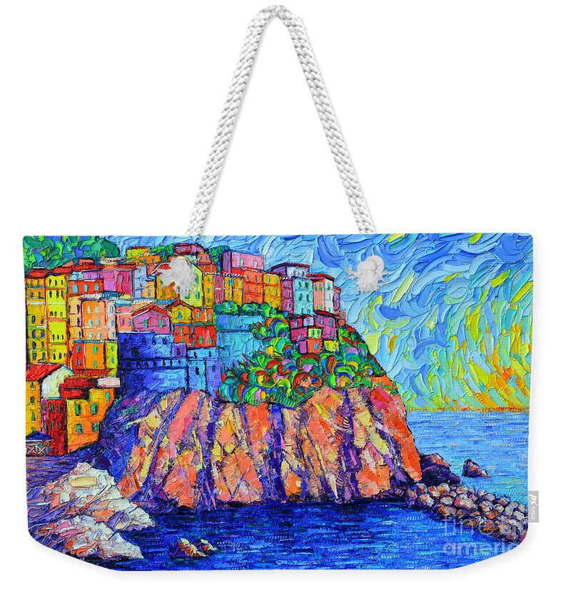 Manarola Weekender Tote Bag featuring the painting Manarola Cinque Terre Italy by Ana Maria Edulescu