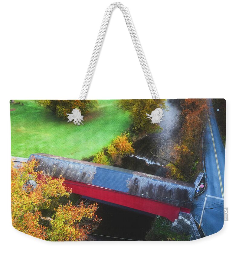 Aerial View Weekender Tote Bag featuring the photograph Manasses Guth Covered Bridge Autumn Portrait by Jason Fink