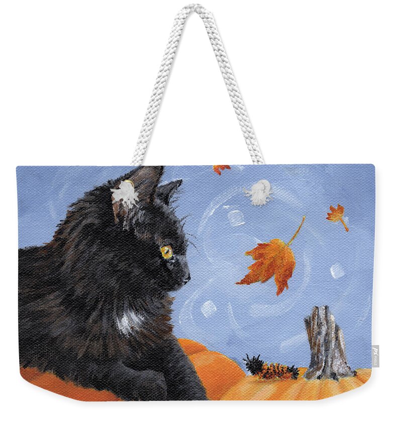Cat Weekender Tote Bag featuring the painting Mango and Caterpillar - Black Cat with Pumpkin Painting by Annie Troe