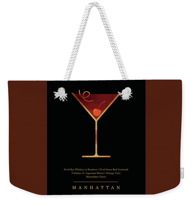 Manhattan Weekender Tote Bag featuring the digital art Manhattan Cocktail - Classic Cocktail Print - Black and Gold - Modern, Minimal Lounge Art by Studio Grafiikka