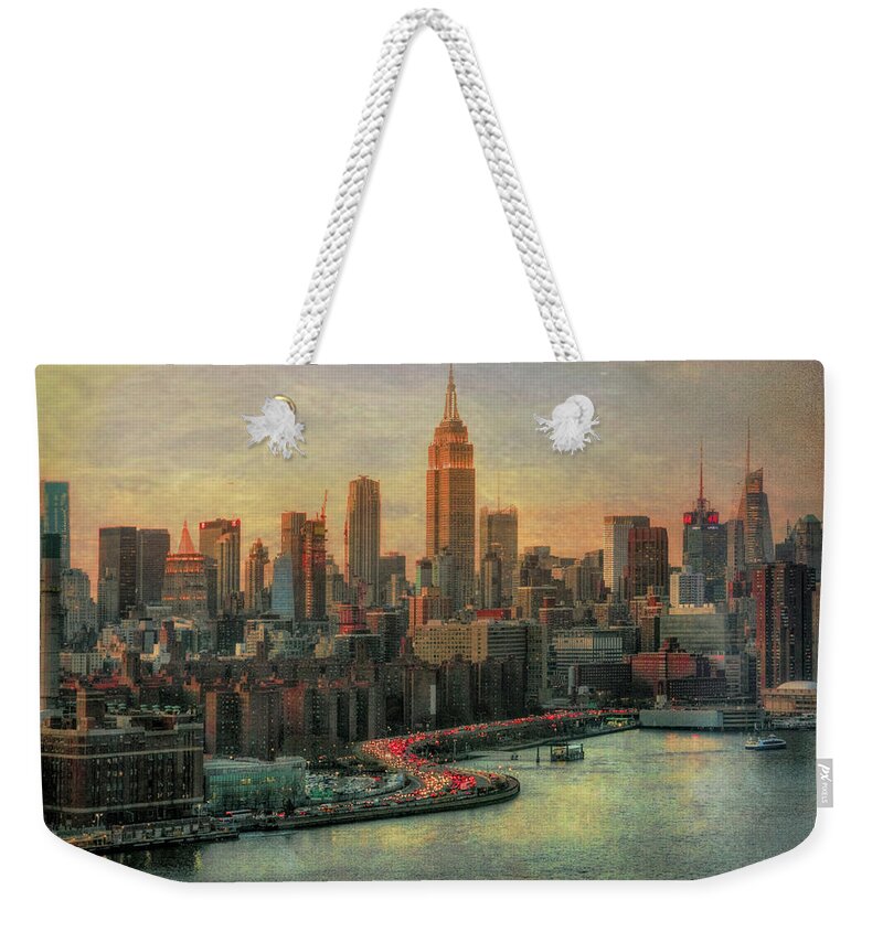 Manhattan Weekender Tote Bag featuring the photograph Manhattan Evening Skyline 50's Filter by Michael Hope