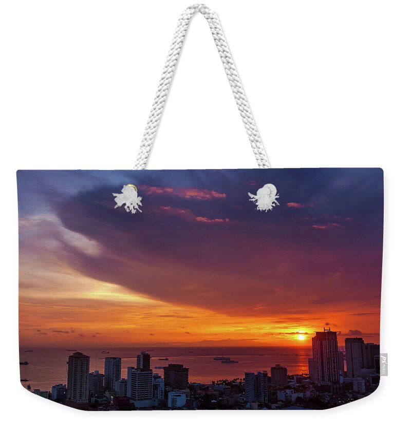 Philippines Weekender Tote Bag featuring the photograph Manila Sunset Cityscape by Arj Munoz