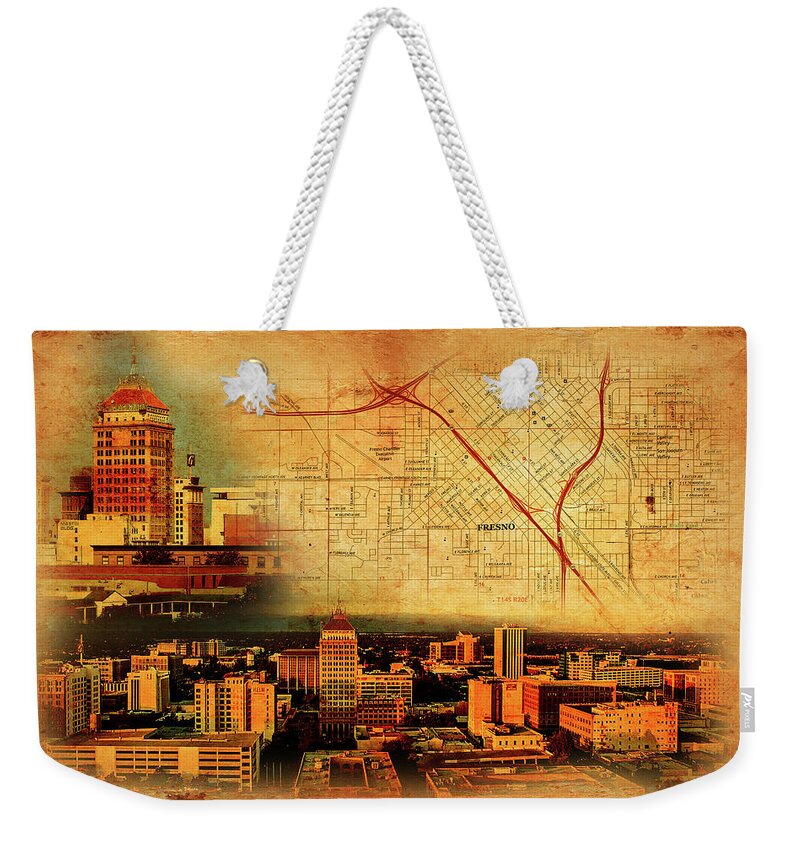 Map Weekender Tote Bag featuring the digital art Map of Downtown Fresno on old paper, and panorama of central part by Nicko Prints