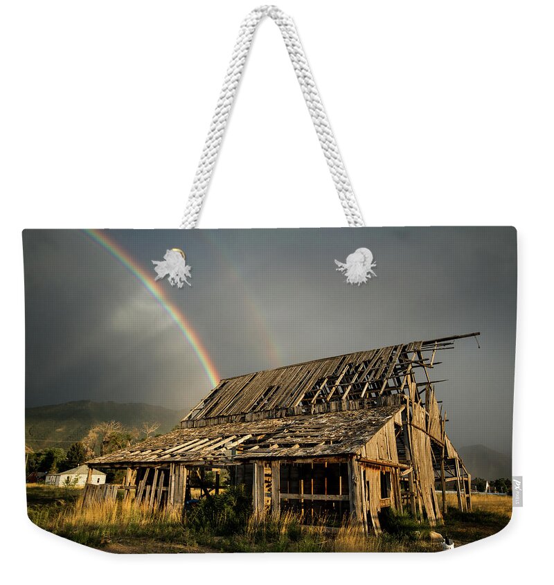 Barn Weekender Tote Bag featuring the photograph Mapleton Barn Rainbow by Wesley Aston