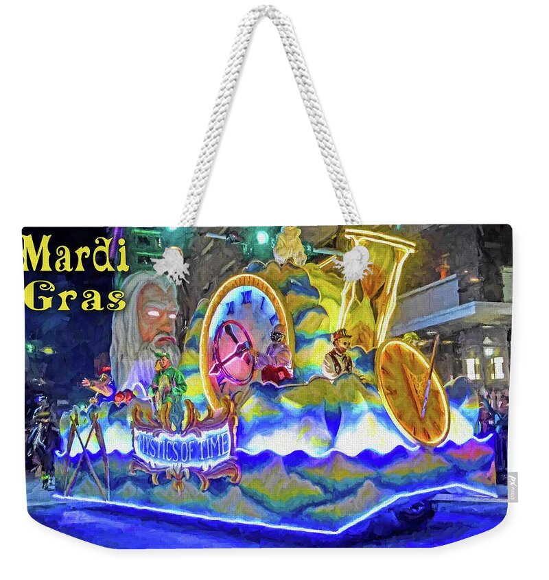 Alabama Weekender Tote Bag featuring the photograph Mardi Gras MOT Float with Mobile Mardi Logo by Michael Thomas