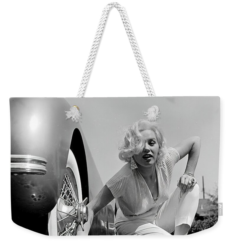 Marilyn Monroe Weekender Tote Bag featuring the photograph Marilyn Monroe with 1952 Jaguar XK120 by Retrographs