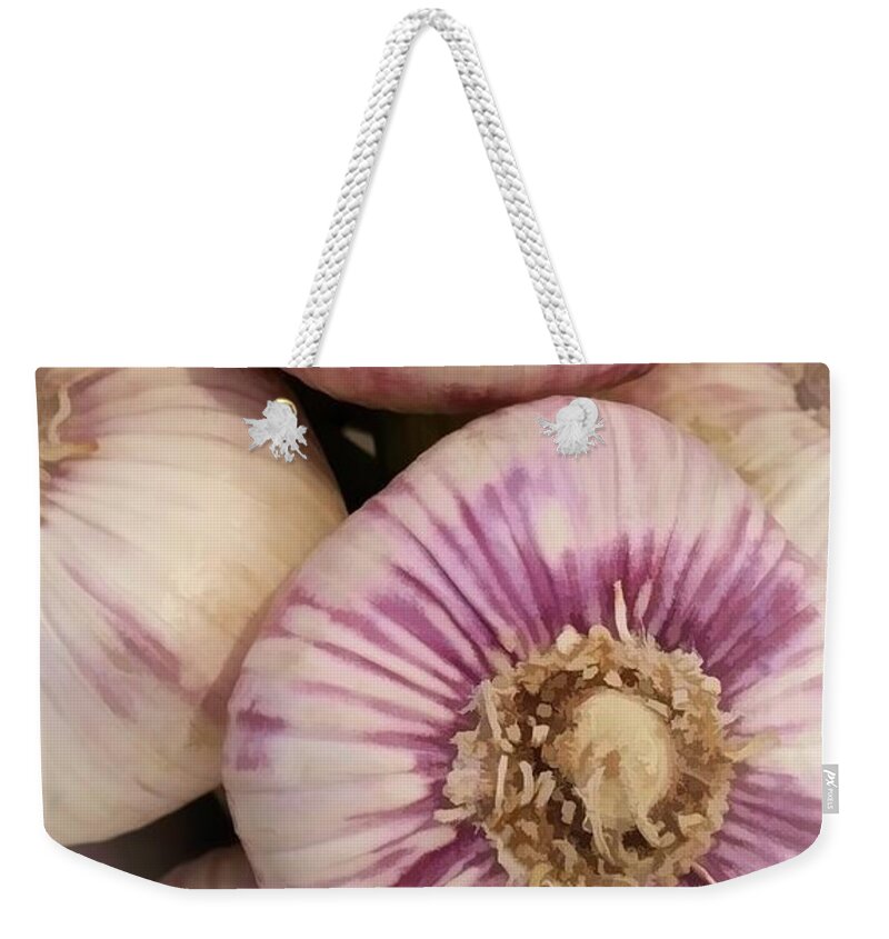 Garlic Bulbs Weekender Tote Bag featuring the digital art Market Fresh Garlic Bulbs by Rebecca Herranen