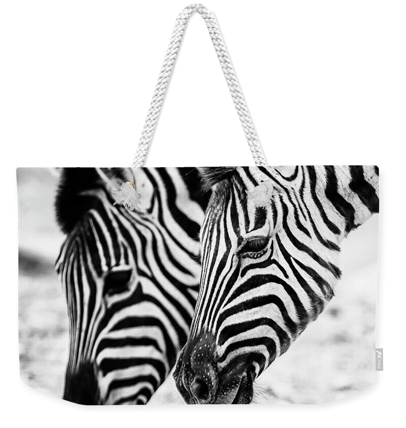 Plains Zebra Weekender Tote Bag featuring the photograph Markings on a Zebra's Face by Belinda Greb