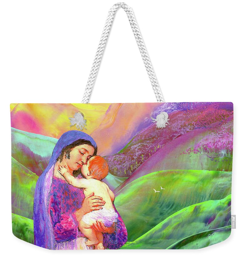 Spiritual Weekender Tote Bag featuring the painting Mary and Baby Jesus Gift of Love by Jane Small
